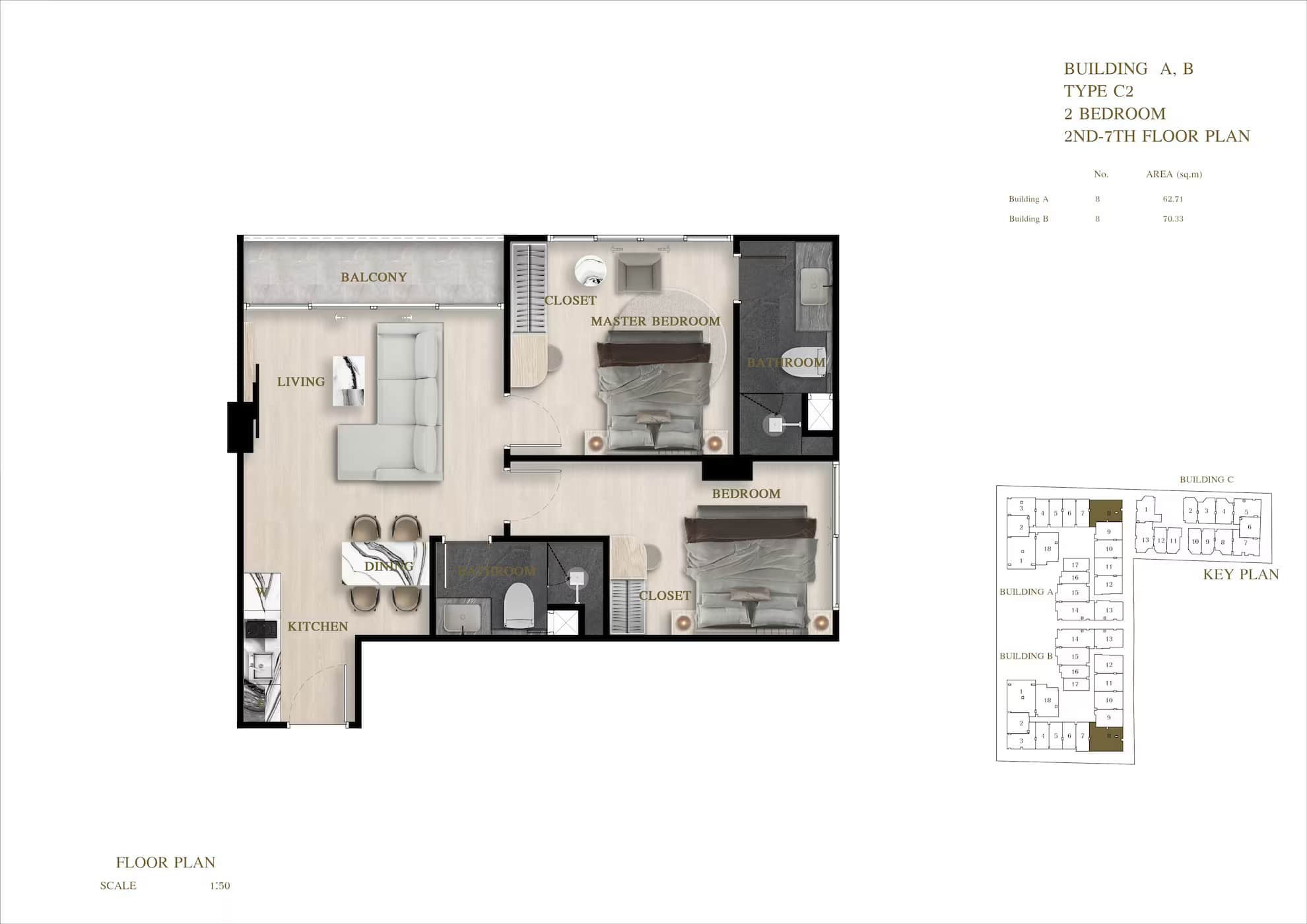 ЖК Siam Oriental Oasis планировки 2-комнатная от 42.9 м2 - 78.43 м2 3 фото