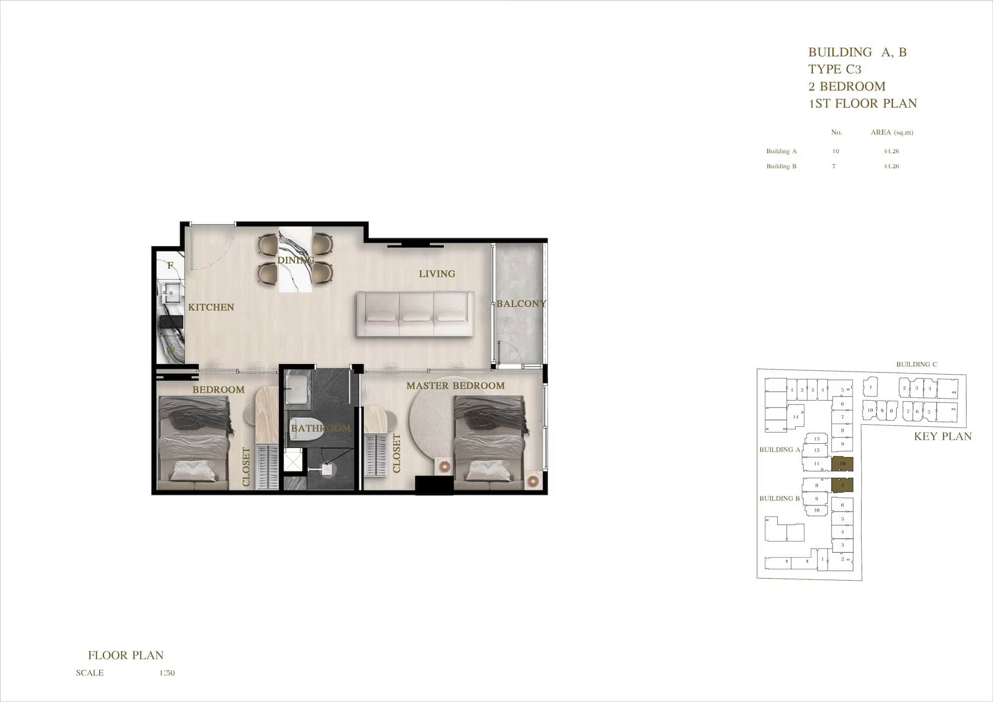 ЖК Siam Oriental Oasis планировки 2-комнатная от 42.9 м2 - 78.43 м2 5 фото