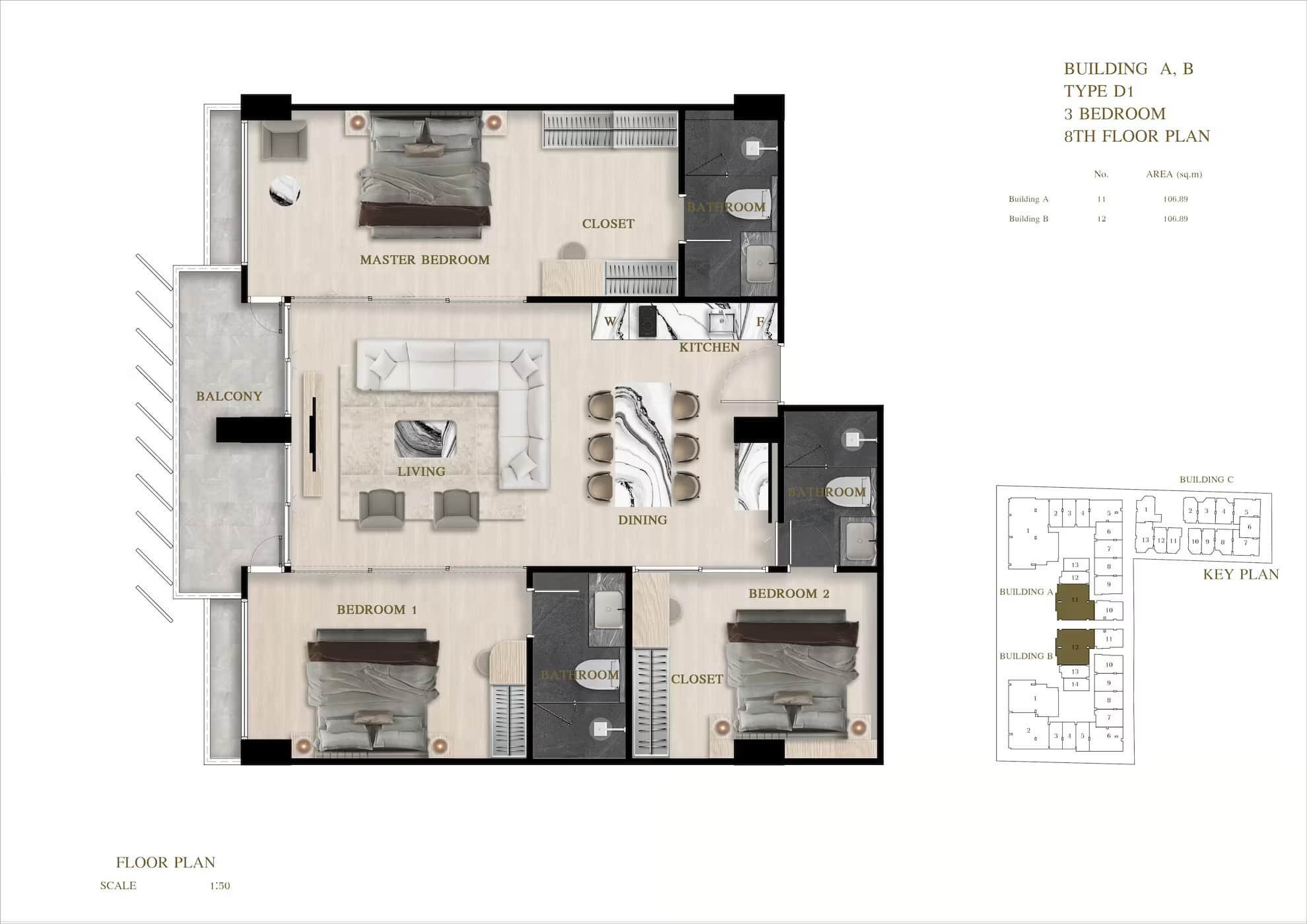 ЖК Siam Oriental Oasis планировки 3-комнатная от 106.89 м2 - 131.38 м2 1 фото