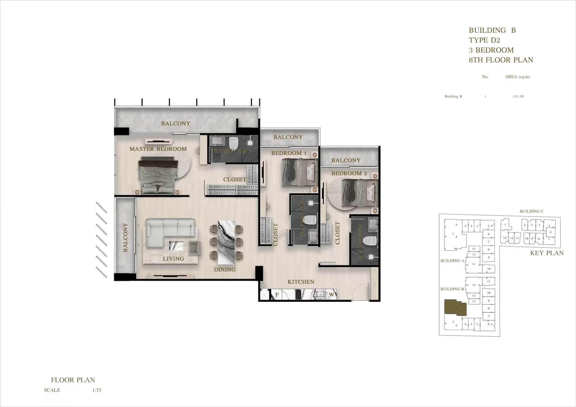ЖК Siam Oriental Oasis планировки 3-комнатная от 106.89 м2 - 131.38 м2 2 фото