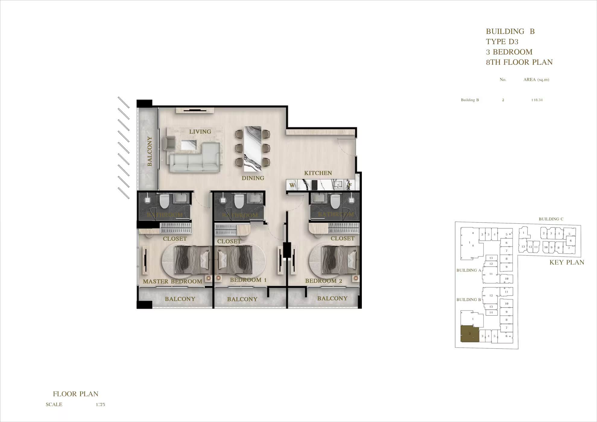 ЖК Siam Oriental Oasis планировки 3-комнатная от 106.89 м2 - 131.38 м2 3 фото