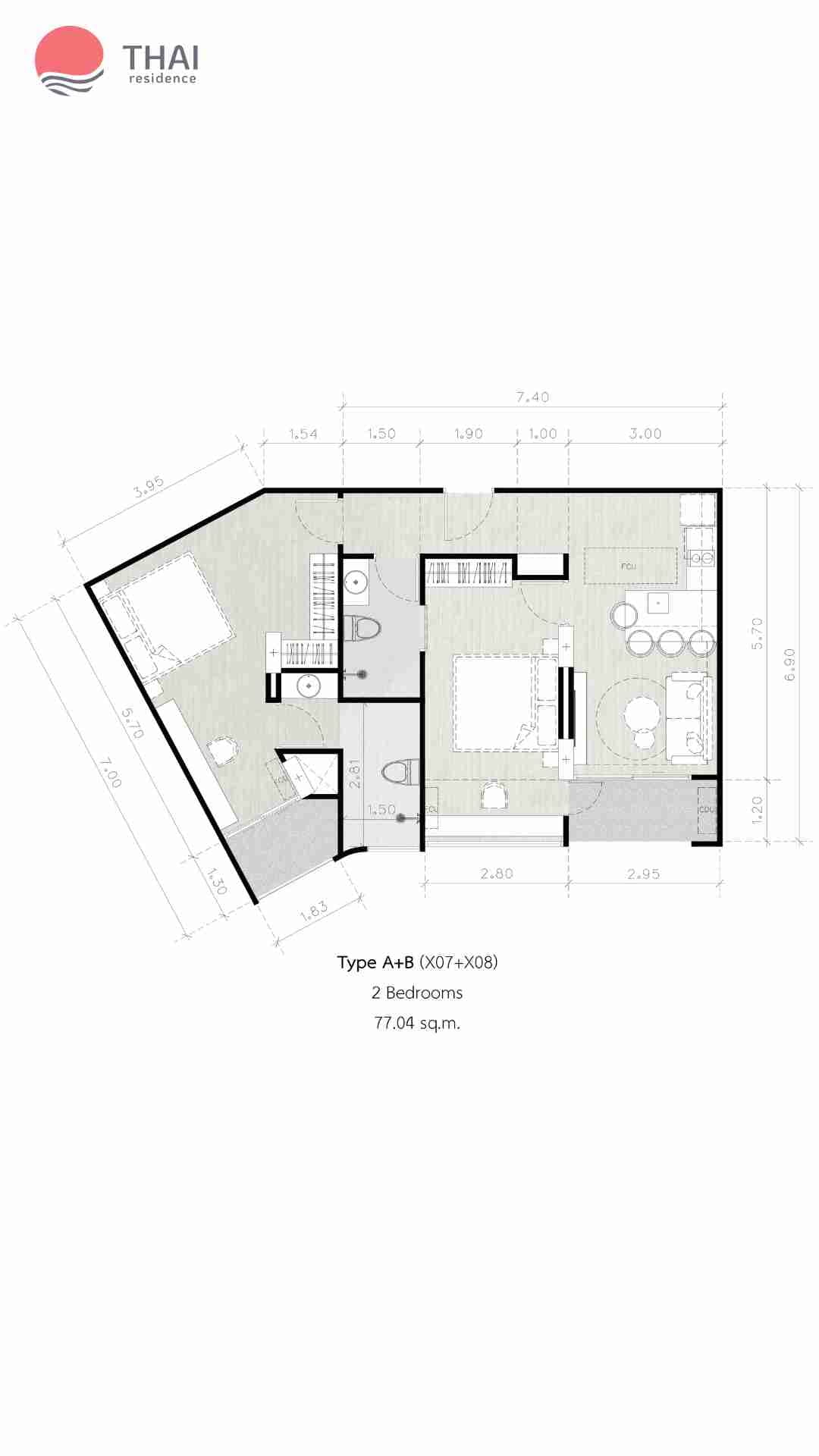 ЖК Secret Garden Condominium планировки 2-комнатная от 74.14 м2 - 82.28 м2 4 фото