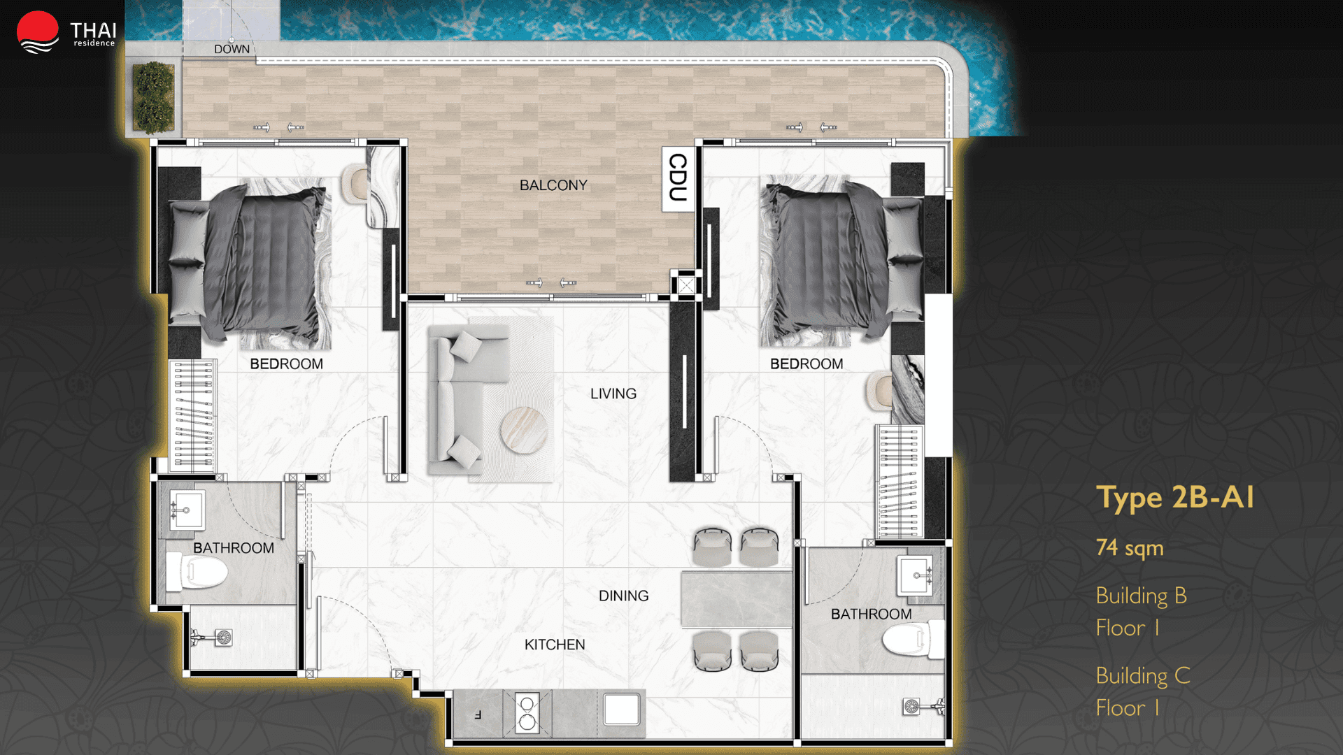 ЖК Zenith Pattaya планировки 2-комнатная от 45 м2 - 74 м2 2 фото