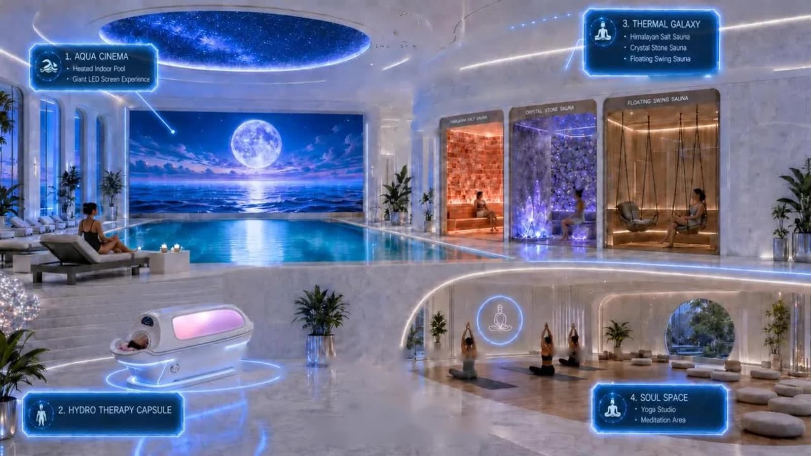 SPA-зона: кино в бассейне, термальные сауны, капсула гидротерапии