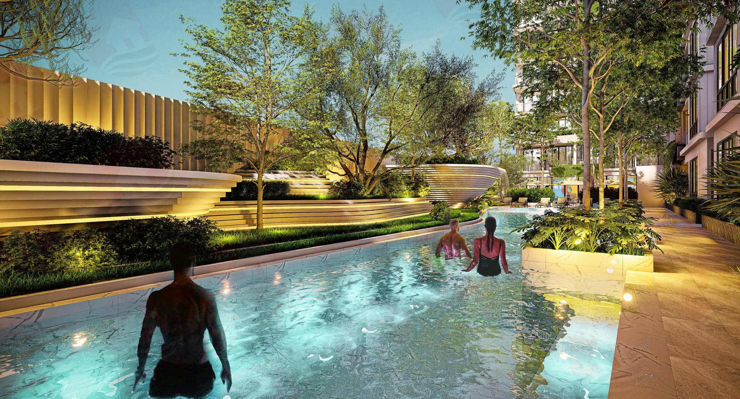 Pool in front of the building